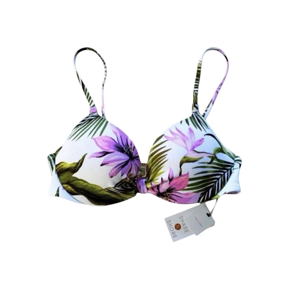 Shade & Shore Women Purple Green Tropical Floral Swimsuit Bikini Top  Size 32B